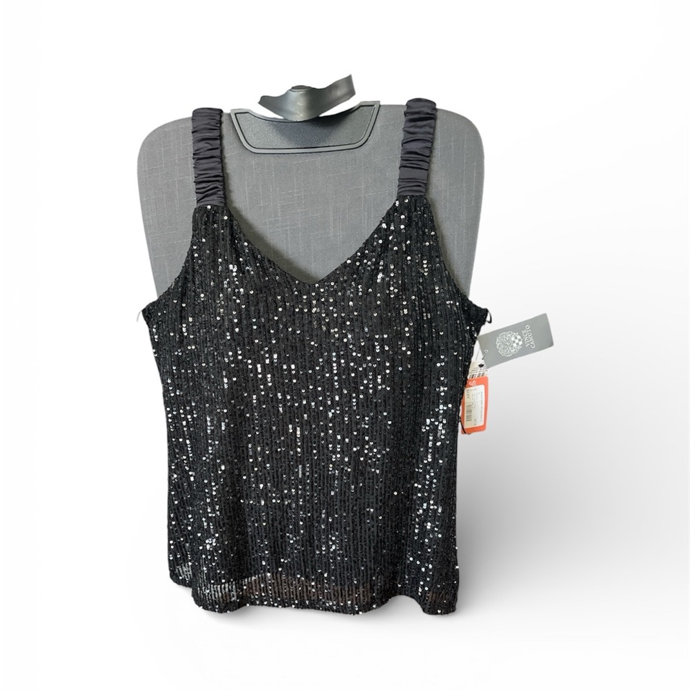 Vince Camuto  Rich Black Sequin Ruched Strap Tank Top